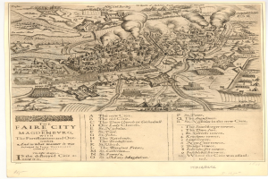 Ein detaillierter alter Stadtplan von Magdeburg, Deutschland, der Straßen, Gebäude, Sehenswürdigkeiten und Text enthält, der Informationen über die Bevölkerung und bekannte Orte bietet.