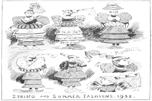 Modeillustration aus dem Jahr 1932, die Frauen in Frühjahrs- und Sommerkleidern mit begleitendem Text zeigt.