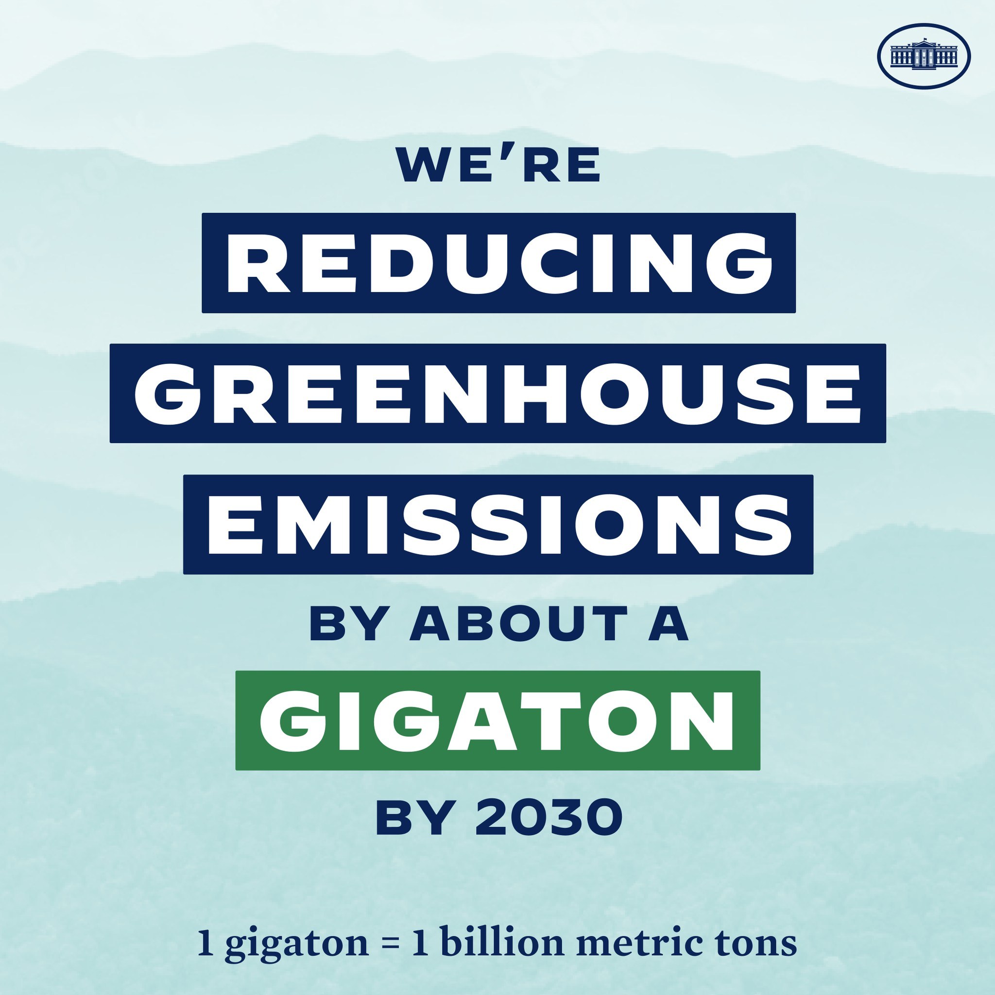 Plakat mit Text und Logo, das "Wir reduzieren die Treibhausgasemissionen um etwa eine Gigatonne bis 2030" verkündet und für eine signifikante Reduzierung der Treibhausgase bis 2030 wirbt.