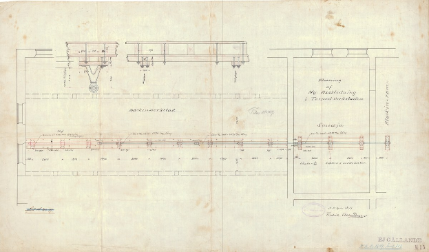 Schwarz-weiß-Zeichnung eines Zuges auf Schienen mit Menschen auf einer Brücke, Bäumen, Gebäuden und dem Text "Vue d'ensemble du chemin de fer électrique" unten.