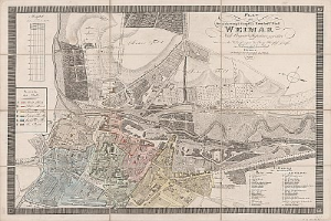 Ein detailliertes historisches Stadtplan von Weimar, Deutschland, der Straßen, Gebäude und Sehenswürdigkeiten mit begleitendem Text über die Bevölkerung und Merkmale der Stadt zeigt.