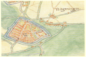 Ein detaillierter Stadtplan von Wageningen, Deutschland, mit Straßen, Gebäuden und Sehenswürdigkeiten mit zusätzlichen Informationen im Text.