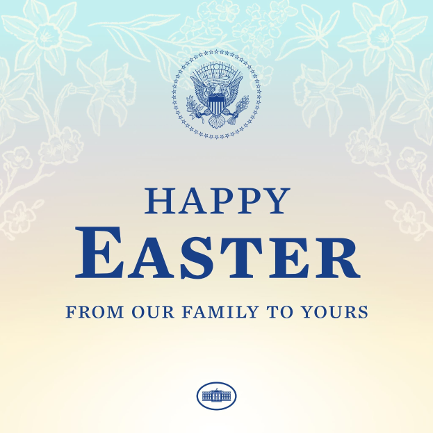 Plakat mit "Frohe Ostern von unserer Familie zu Ihrer" in festlicher Schrift, mit bunten Ostereiern, Hasen und einem Logo des United States Department of Homeland Security.