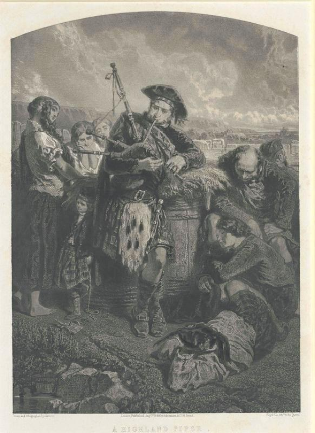 Schwarz-weißes Gravur eines Mannes, der eine Dudelsack vor einer Gruppe von Menschen spielt, mit einem bewölkten Himmel im Hintergrund und dem Text "Ein Highland Dudelsack" unten.