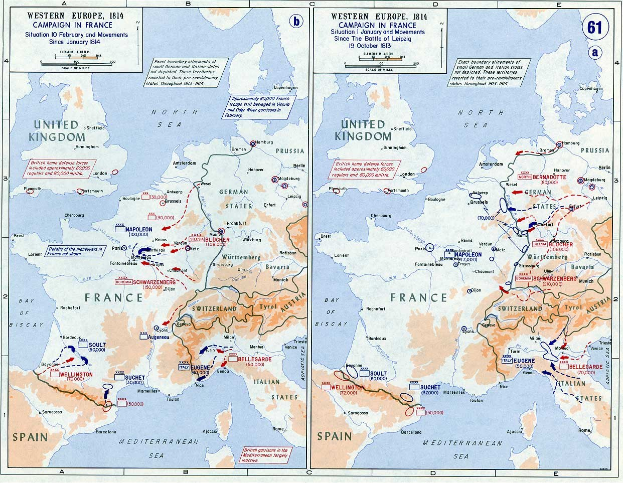 Eine historische Posterkarte von Europa während der Schlacht von Leipzig, unterteilt in Abschnitte für Europa und Frankreich, mit nummerierten Regionen und Texten, die geografische und konfliktbezogene Informationen enthalten.
