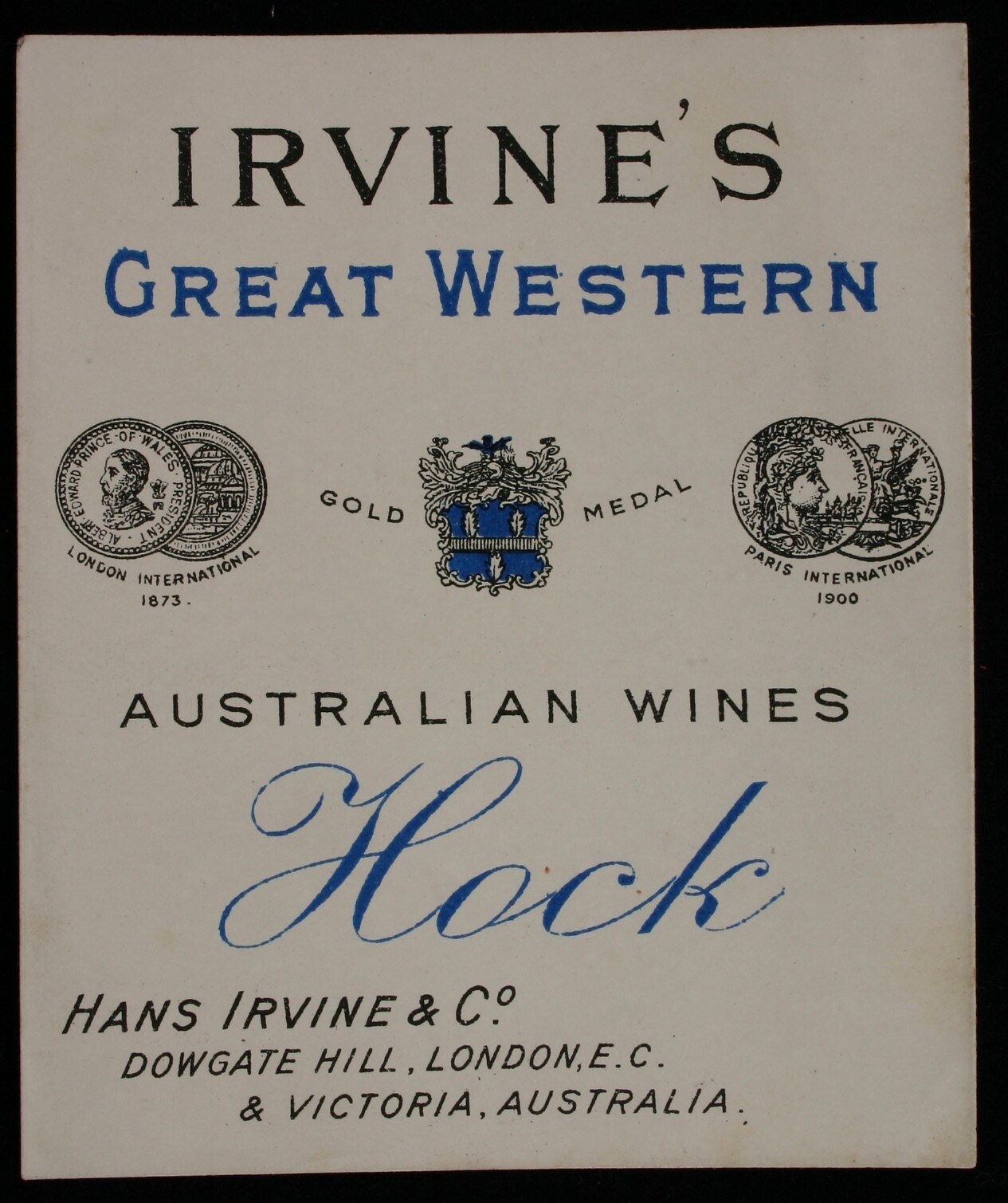 Plakat, das die großartigen westlichen australischen Weine von Irvine bewirbt, mit dem Namen des Unternehmens, dem Text "Hock" und Logos.