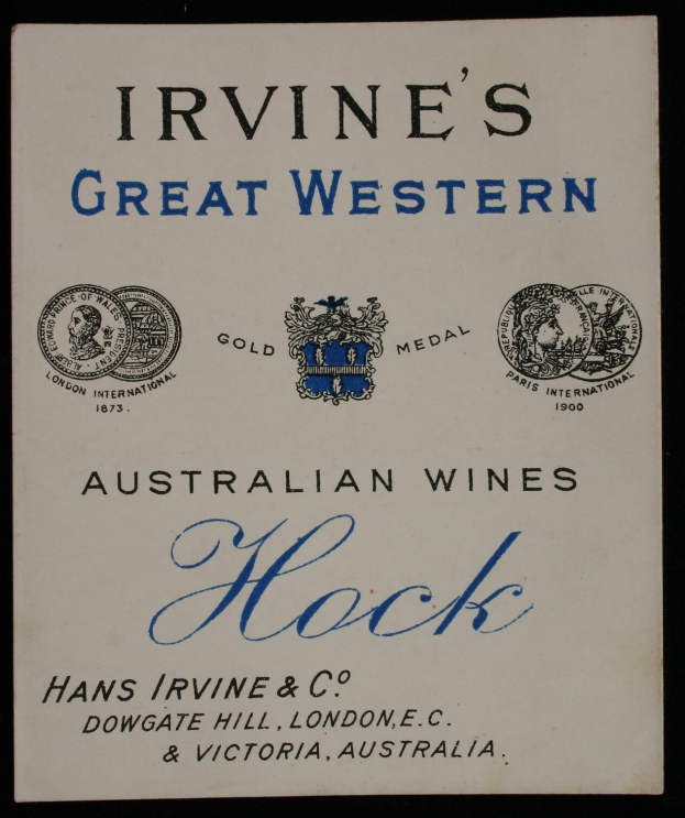Plakat, das die großartigen westlichen australischen Weine von Irvine bewirbt, mit dem Namen des Unternehmens, dem Text "Hock" und Logos.
