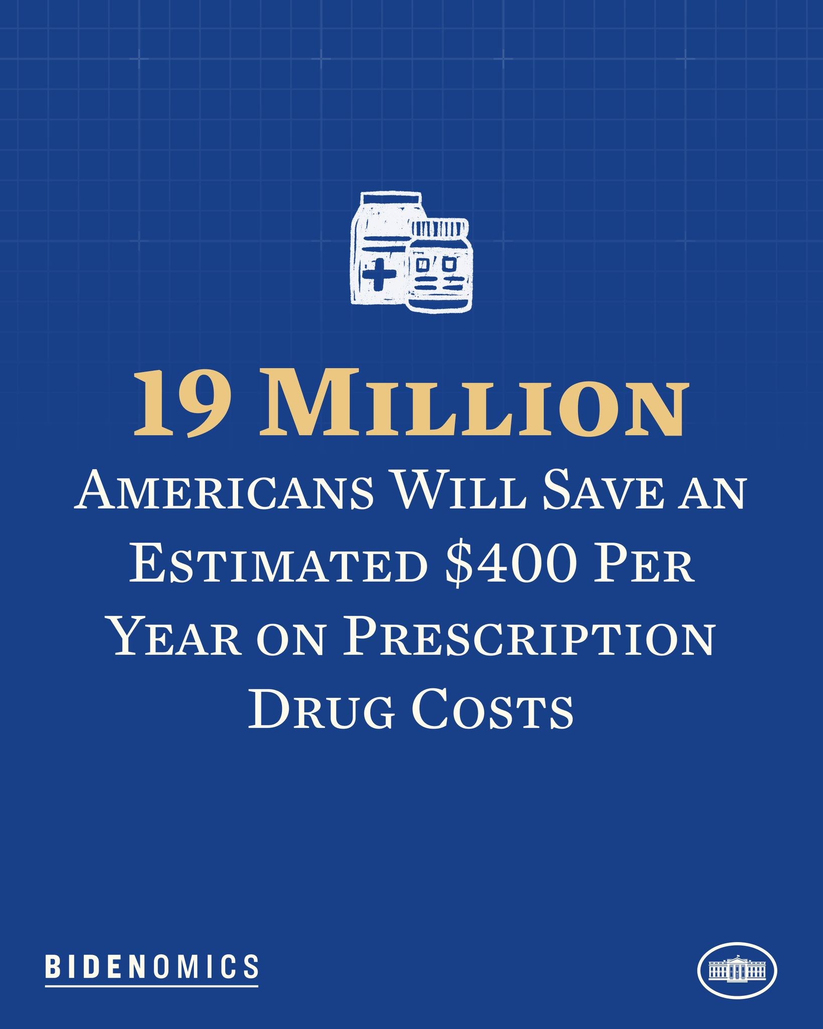 Blauer Hintergrund mit weißer Schrift und Logo, das besagt: "19 Millionen Amerikaner sparen geschätzt 400 USD pro Jahr an Arzneikosten."