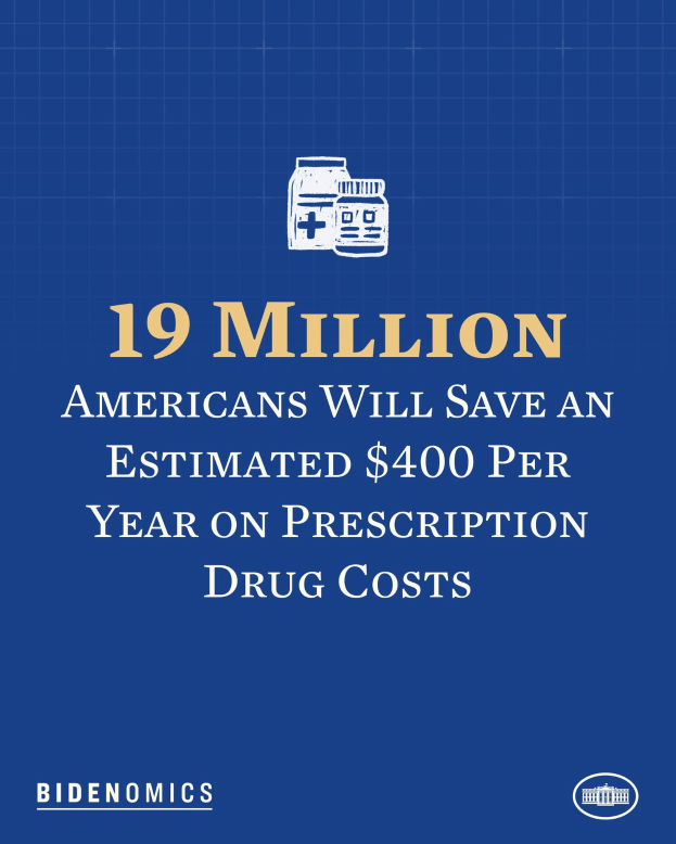 Blauer Hintergrund mit weißer Schrift und Logo, das besagt: "19 Millionen Amerikaner sparen geschätzt 400 USD pro Jahr an Arzneikosten."