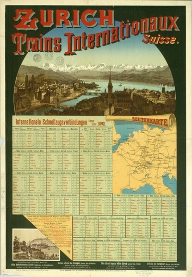 Plakatwerbung für die Zürich Trains Internationalaux mit einer Karte von Zürich, Gebäuden, Wasser, Bergen und Text.