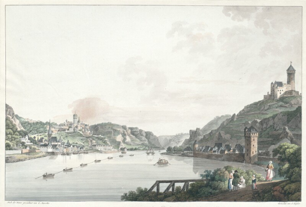 Malerisches Rheinufer in Nordrhein-Westfalen, Deutschland, mit Booten, Brücke, Menschen, Bäumen, Gebäuden, Hügeln und Himmel im Hintergrund, mit der Beschriftung "Rhein, Nordrhein-Westfalen, Deutschland" unten.