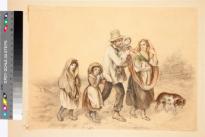 Eine Gruppe von Menschen, begleitet von einem Hund, geht einen Schotterweg mit Bäumen und einem Zaun im Hintergrund, mit Text auf der linken Seite, der darauf hinweist, dass es sich um Flüchtlinge handelt.