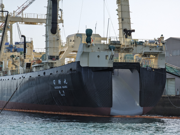 Ein großes Schiff liegt neben einem Dock mit einem Gebäude auf der rechten Seite und einem klaren Himmel im Hintergrund, umgeben von Wasser.