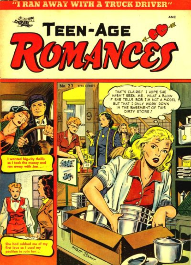 Ein Plakat mit der Aufschrift 'Teen-Age Romances 23-A von DC', das eine Gruppe strahlender Menschen in inniger Umarmung zeigt, mit leuchtenden Farben und fetter Schrift.