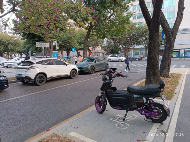 Ein lila-elektrischer Roller auf der Straße neben Autos geparkt, mit Fussgängern, Bäumen, Schildern, Gebäuden und einem klaren Himmel im Hintergrund.
