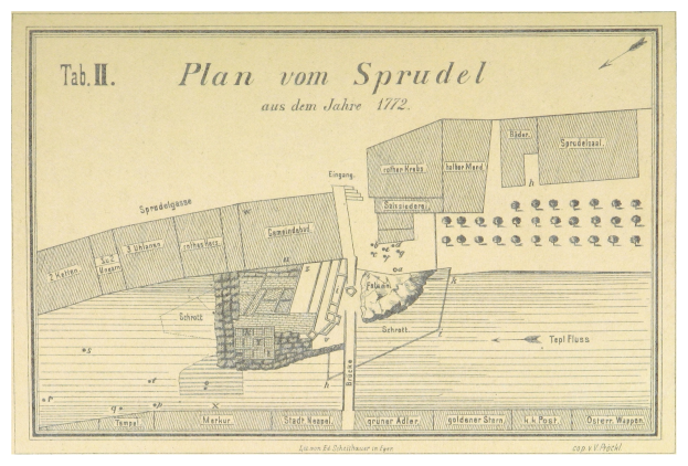 Ein Plakat mit einem detaillierten Stadtplan von Spruidel, Deutschland, samt beschreibendem Text.