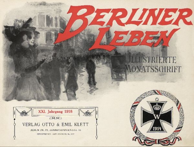 Titelbild eines alten Buches namens 'Berliner Leben' mit einer Gruppe von Menschen in einer feierlichen Umgebung und einem deutschmilitärisch anmutenden Logo.