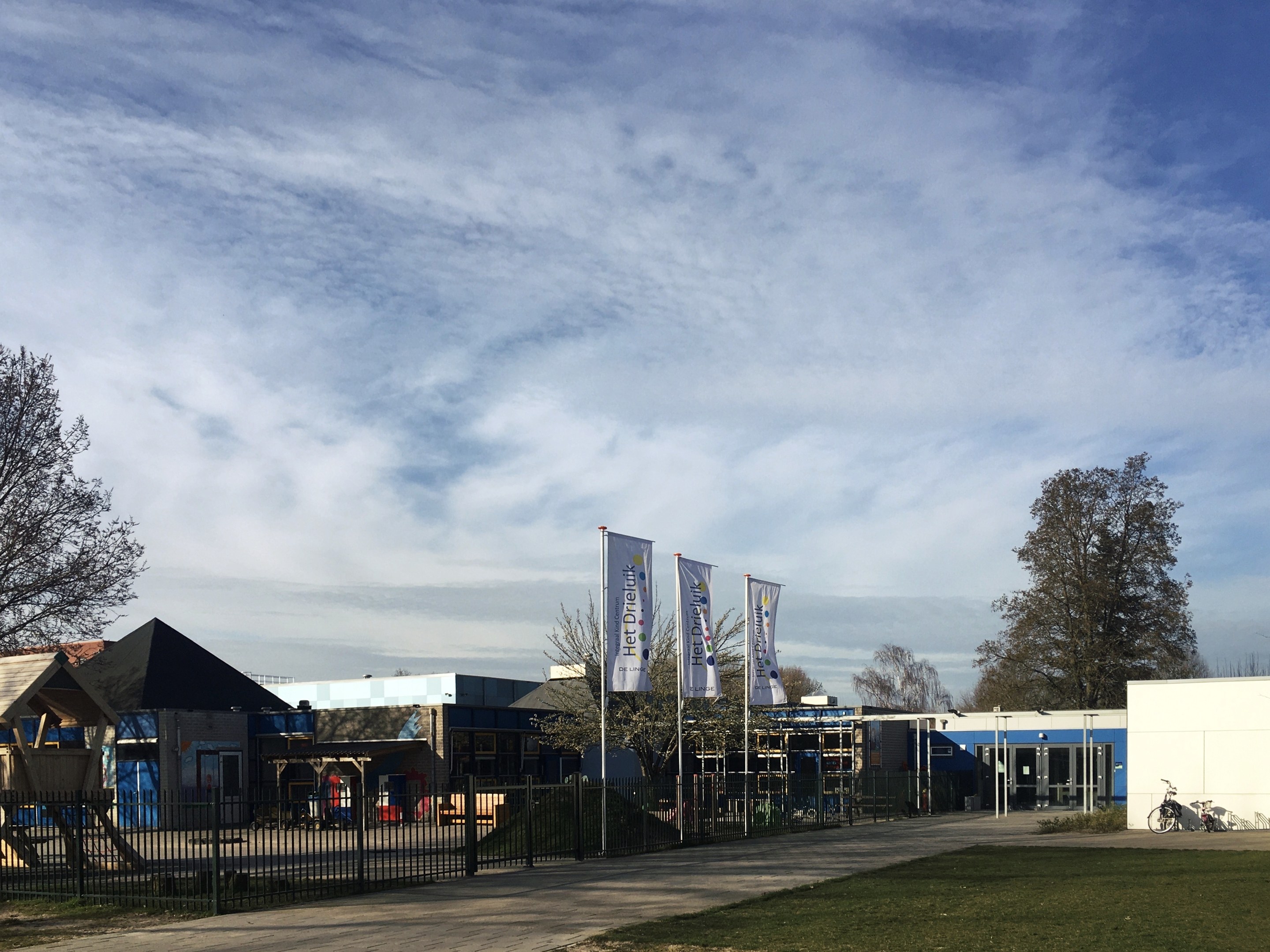 Großes Schulgebäude mit Metallzaun, Rasenfläche, Weg, Bäumen, Bannern, einem geparkten Fahrrad, nahen Häusern und einem bewölkten Himmel.