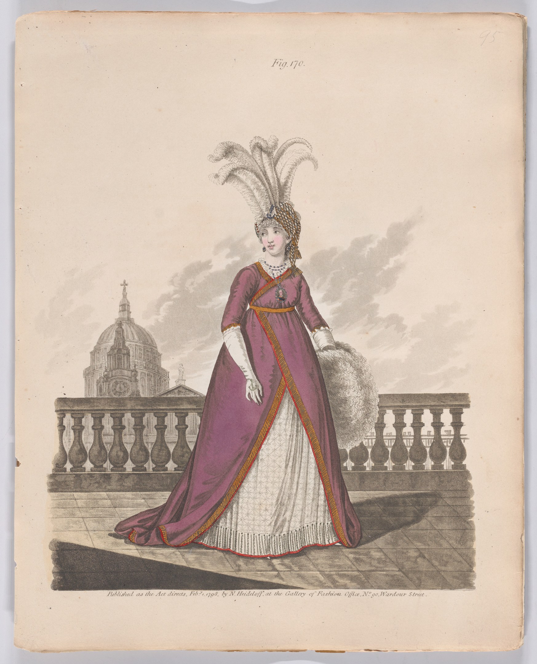 Frau in einem purpurweißen Kleid mit einer Federhaube, die an einem Geländer steht, mit einem Gebäude und Wolken im Hintergrund, beschriftet mit 'Mode von New York, New York Street, 1790.'