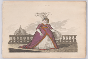 Frau in einem purpurweißen Kleid mit einer Federhaube, die an einem Geländer steht, mit einem Gebäude und Wolken im Hintergrund, beschriftet mit 'Mode von New York, New York Street, 1790.'