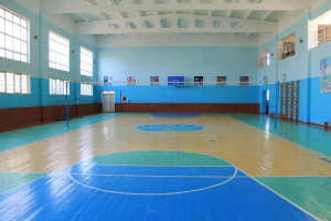 Große Turnhalle mit blau-weißem Boden, einem Basketballfeld, Netz, Stangen, einer Tür, Fenstern, Wandplakaten, einem Geländer und einem Dach.