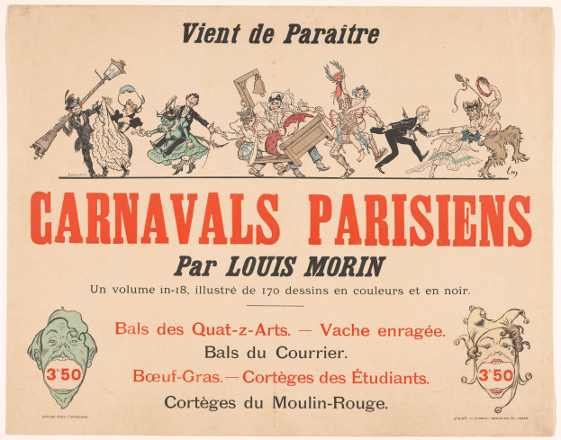Ein Blatt mit der Überschrift "Carnivals Parisiens par Louis Morin" in fetter Schrift, das farbenfrohe Illustrationen von Menschen in bunten Kostümen und Masken bei einer lebendigen Karnevalszenen zeigt.