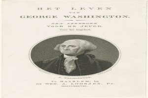 Porträt von George Washington auf Papier mit Text, frontal mit ernstem Gesichtsausdruck, Anzug und Krawatte tragend, zurückgekämmtes Haar sichtbar.