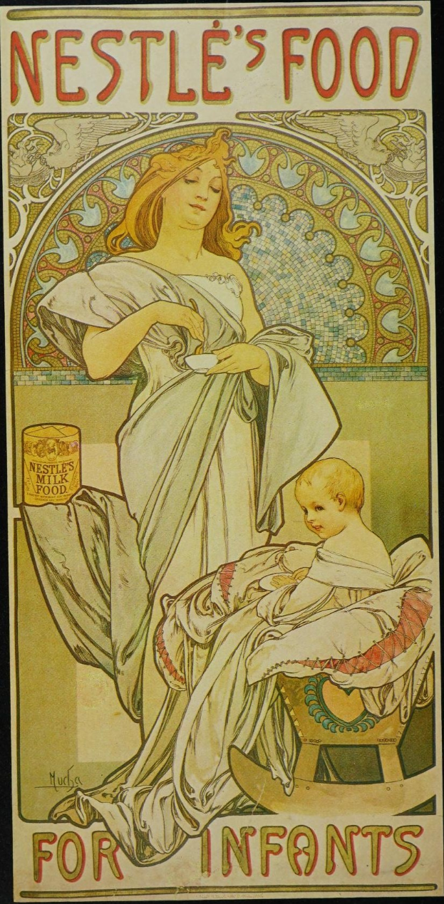 Plakat, das Nestlés Babynahrung mit einer Frau zeigt, die ein Baby hält, und Text, der das Produkt und seine Vorteile beschreibt.