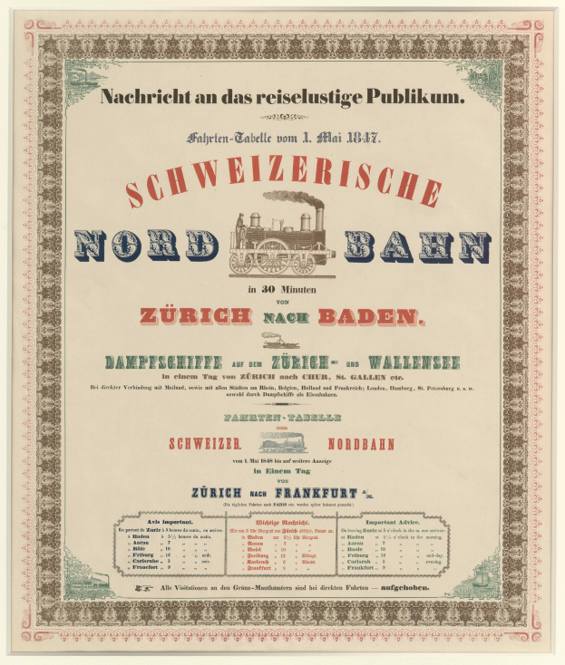 Plakat mit einem Zug in der Mitte auf einem hellgelben Hintergrund und einem schwarz-weißen Karomuster, Text 'Schweizerische Nordbahn in Baden, Deutschland' in fetter schwarzer Schrift mit einem dekorativen Rahmen.