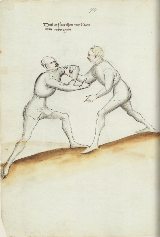 Zwei Männer stehen sich in einer physischen Auseinandersetzung gegenüber, wobei einer einen Schlag austeilt, während er auf einem Blatt Papier mit sichtbarem Text steht.