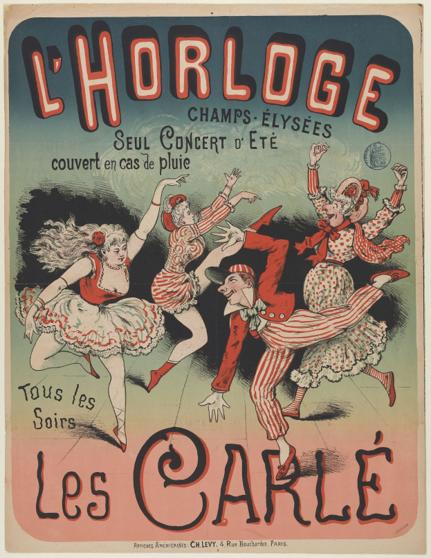 Plakat für ein Konzert im Chorlage in Paris mit einer Gruppe von Menschen, die in bunten Kostümen tanzen und strahlend lächeln, umgeben von fetter Schrift auf einem hellgelben Hintergrund.