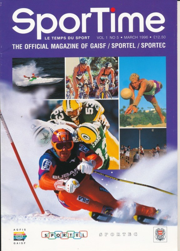 Ein Magazin-Cover mit der Aufschrift 'Sporttime Magazine - März 1996', das Bilder von Menschen beim Skifahren und Snowboarden zeigt, zusammen mit Text und Logos.