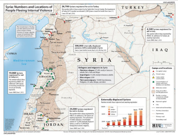 Plakat mit einer Karte von Syrien, das die Binnendifferenzierung aufgrund von Gewalt zeigt, begleitet von Text und Graphiken, die die Situation darlegen.