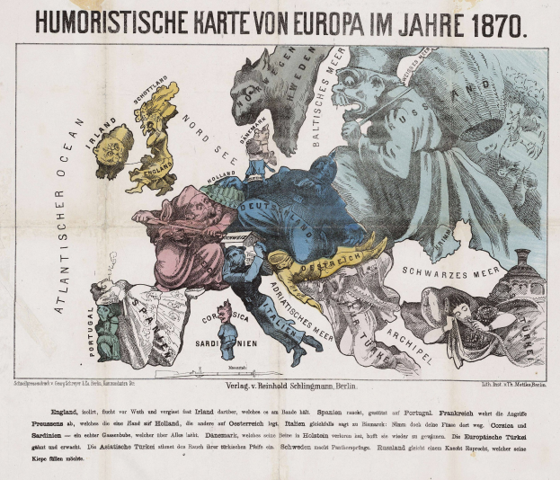 Poster mit dem Titel "Humoristische Karte von Europa im Jahre 1870" mit einer Karte von Europa umgeben von Cartoon-Bildern.