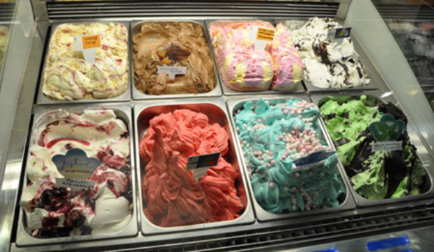 Verschiedene Eiscremesorten in Schalen mit Namensschildern.