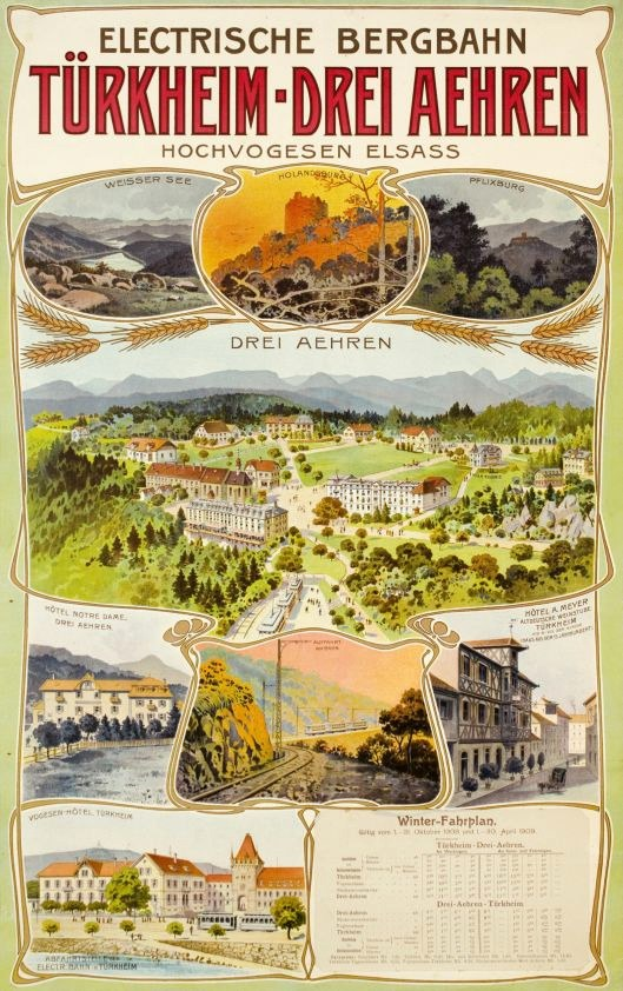 Plakat wirbt für Bergbahn, Deutschland als Elektrostadt, zeigt Bilder von Gebäuden, Bäumen, Hügeln und Text.