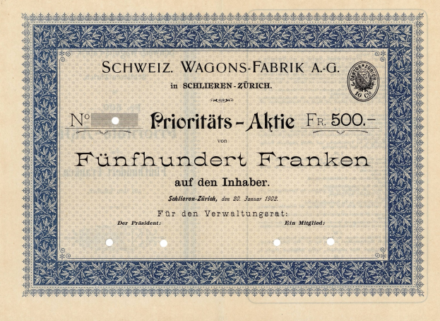 Altes deutsches Aktienzertifikat mit blauem Rand, beschriftet mit "Schweiz Wagons-Fabrik A.G."