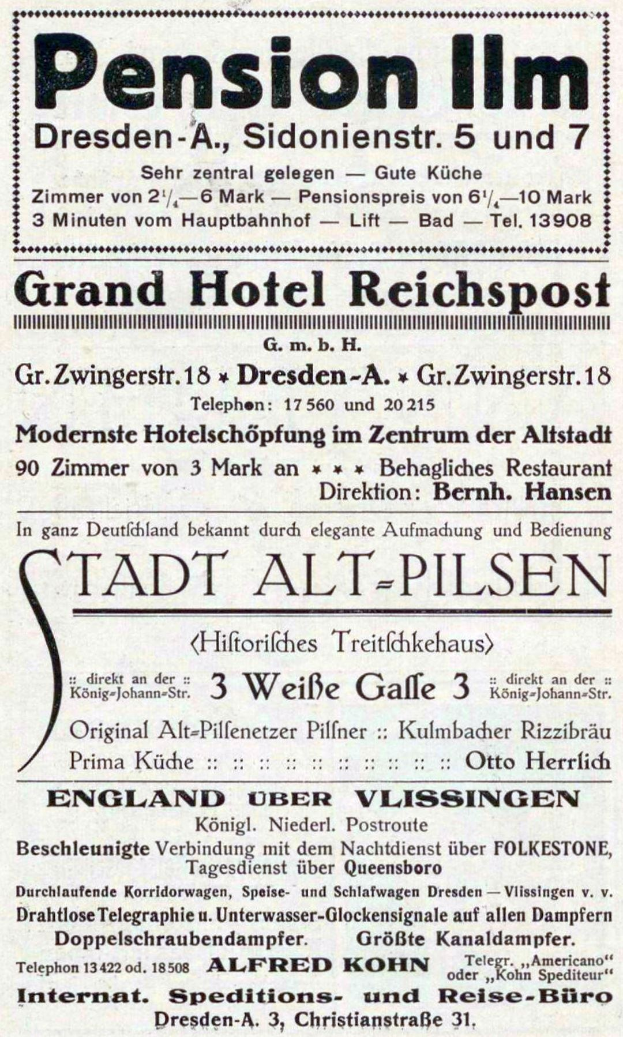 Alte Zeitungsanzeige für die Pension Inn in Dresden, Deutschland mit schwarzem Text auf weißem Hintergrund.