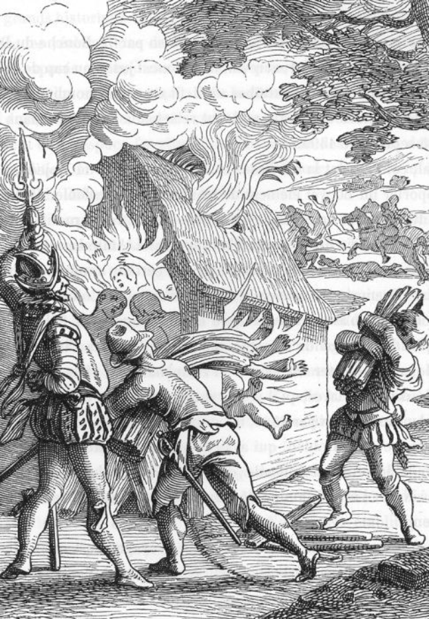 Schwarz-weiß-Radierung von Männern im Mittelalterkleidung aus dem 16. Jahrhundert, einer hält ein Schwert in der Hand, im Hintergrund brennt ein Haus und es qualmt.