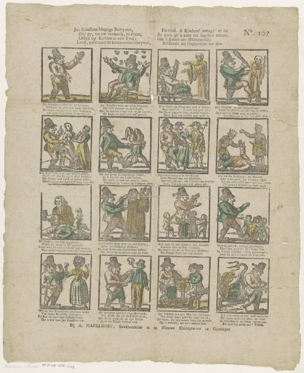 Eine Buchseite zeigt eine Zeichnung eines Mannes mit Hut und einer Frau im Kleid, beide sorgenvoll umgeben von Text und anderen Bildern während eines offensichtlichen Streits.