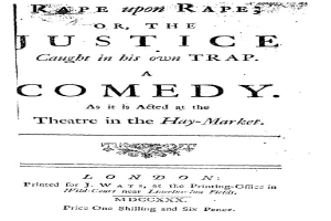 Ein schwarz-weißes Plakat mit der Aufschrift "Vergewaltigung auf Vergewaltigung oder die Justiz in ihrer eigenen Falle" in fetter, schwarzer Schrift.