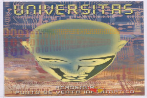 Ein Plakat mit einem kahlköpfigen Mann mit breitem Grinsen, geschlossenen Augen, umgeben von Text und Zahlen, mit "Universitas" in fetter schwarzer Schrift.