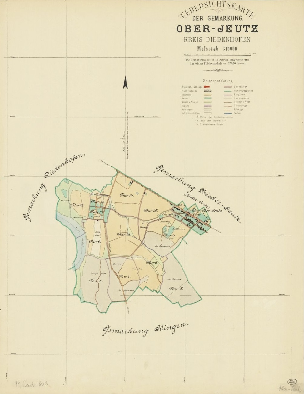 Ein detaillierter alter Stadtplan von Ober-Jetzt, Deutschland, der Straßen, Gebäude, Sehenswürdigkeiten und Text mit Informationen über die Bevölkerung, Sehenswürdigkeiten und Straßen zeigt.