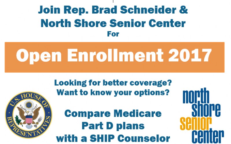 Plakat zur Anmeldung für ein Open-Enrollment-Event mit dem Kongressabgeordneten Brad Schneider und dem North Shore Senior Center, mit Eventdetails und Logo.