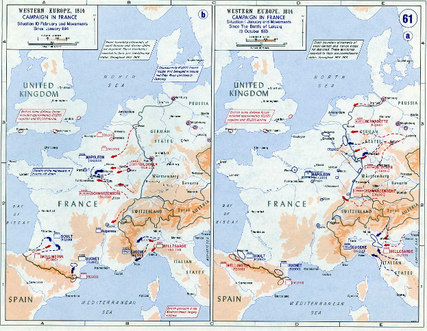 Eine Karte von Europa während der Schlacht von Leipzig, unterteilt in Abschnitte, die verschiedene Regionen darstellen, mit Text, der Städte, Ortschaften und andere geographische Merkmale angibt.