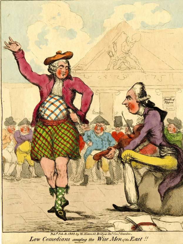 Eine Karikatur eines Mannes in einem Kilt und einer Frau in einem Kleid, die vor einer Menge stehen; im Hintergrund ist ein Gebäude und Wolken zu sehen; unten steht der Text "Niedrige Komiker amüsieren die weisen Männer des Ostens".