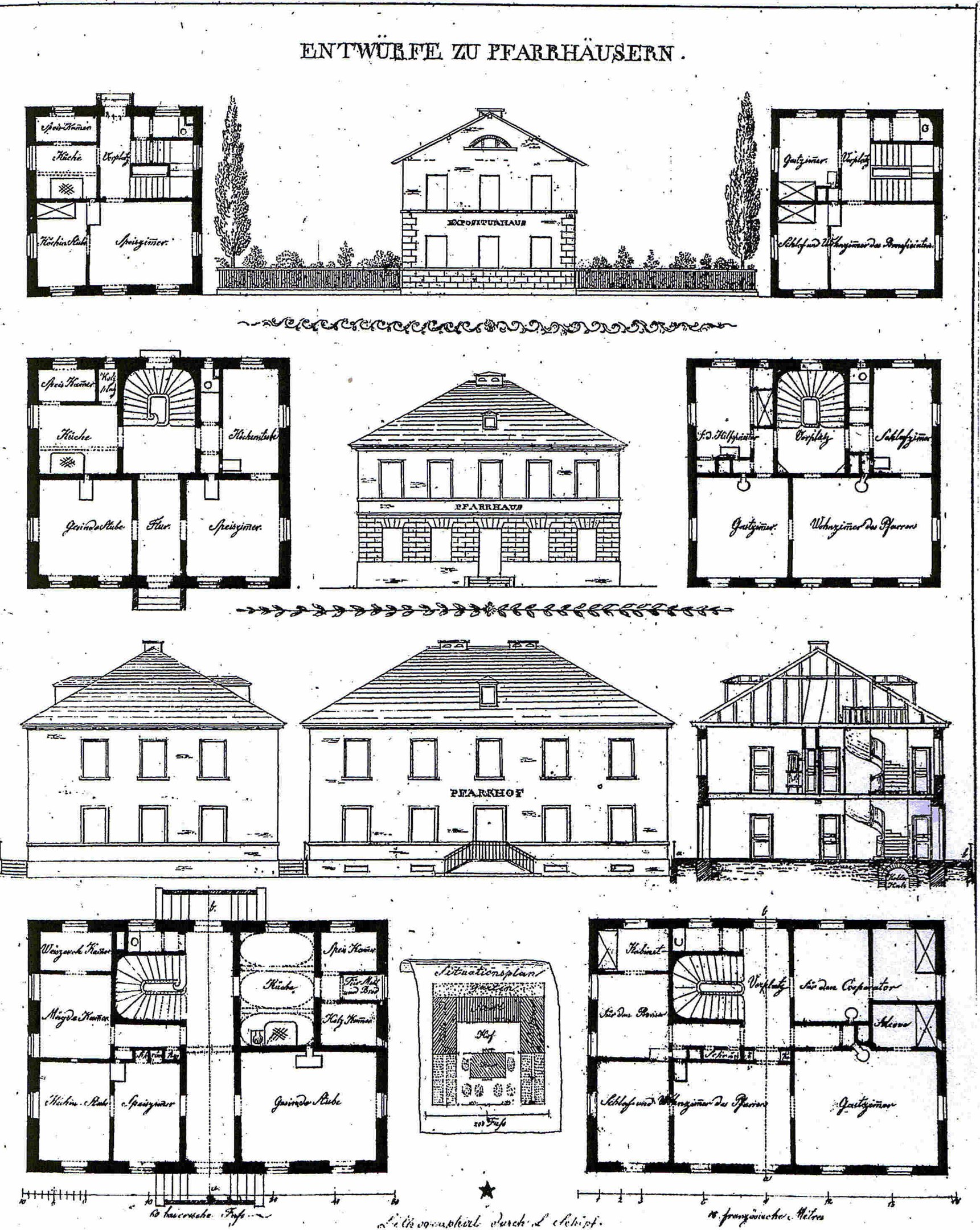 Schwarze und weiße architektonische Zeichnung eines Hauses mit zahlreichen Fenstern, umgeben von Bäumen, beschriftet mit "Pläne für ein Haus in Deutschland".