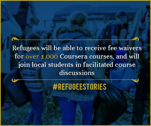 Ein Plakat mit Text über Flüchtlinge, die Gebührenbefreiungen für Coursera-Kurse erhalten, mit mehreren Menschen im Hintergrund.
