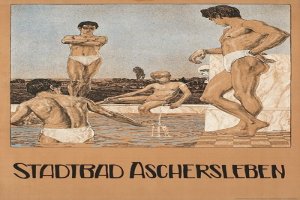 Plakat, das ein Schwimmbad in Aschersleben, Deutschland, zeigt, mit Menschen im Wasser und Text mit Pool-Informationen.