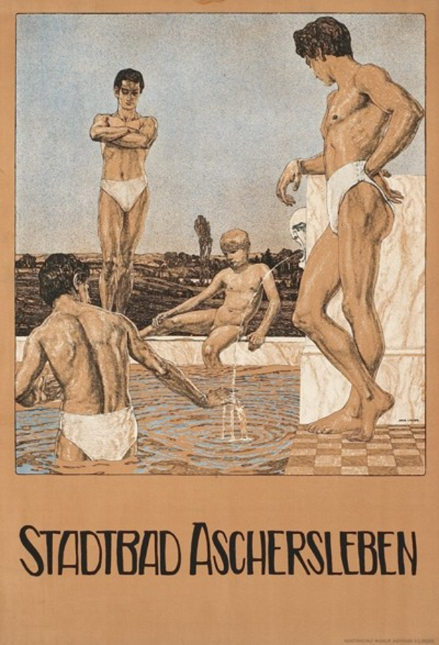 Plakat, das ein Schwimmbad in Aschersleben, Deutschland, zeigt, mit Menschen im Wasser und Text mit Pool-Informationen.